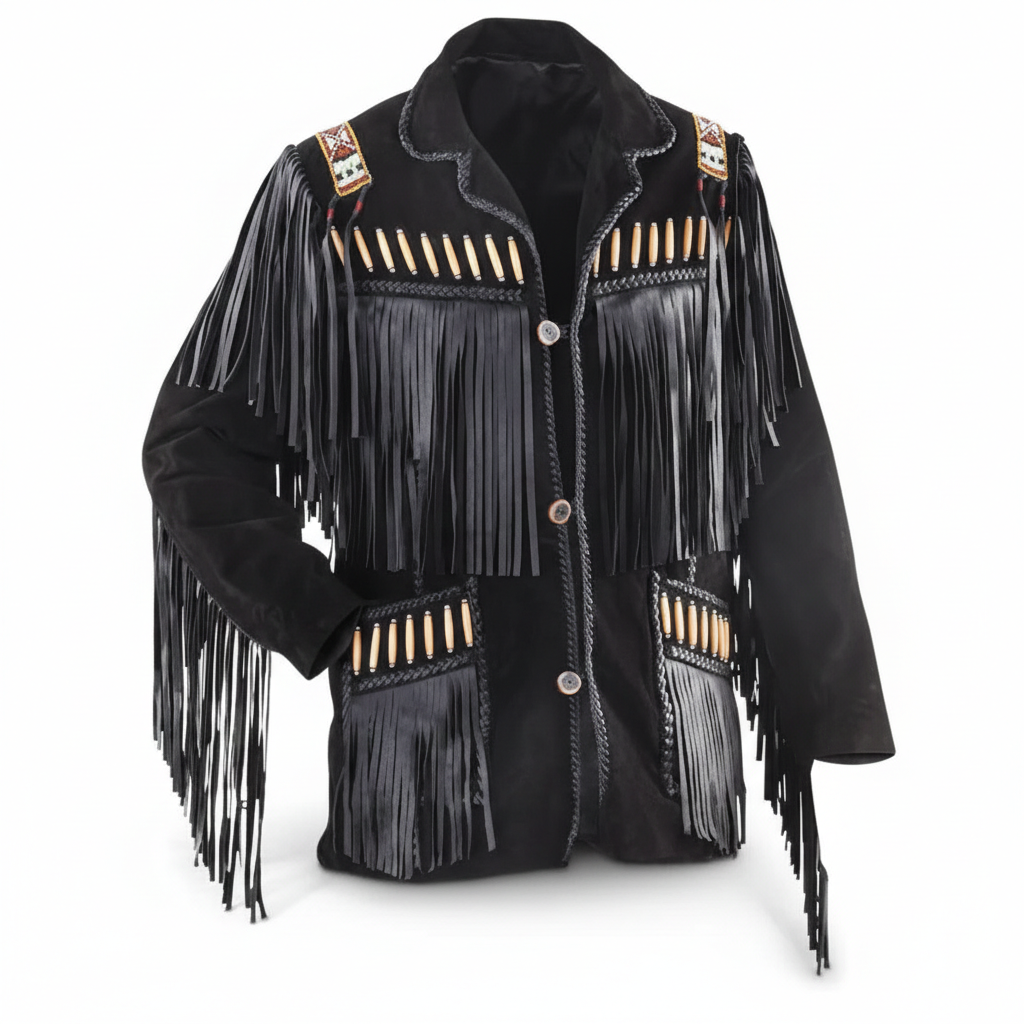Men’s Western Cowboy Suede Fringe Leather Jacket – Beaded Native American Style