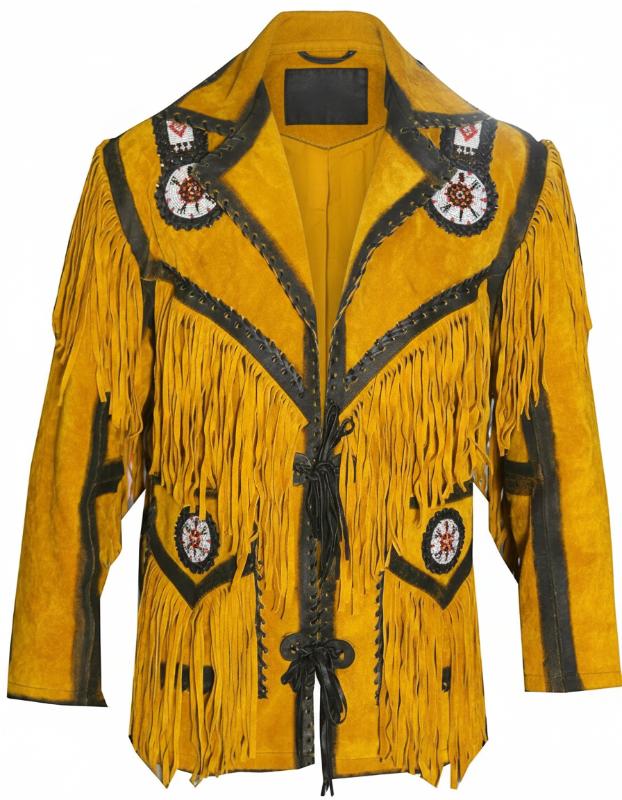 Men’s Western Cowboy Suede Fringe Leather Jacket – Beaded Native American Style