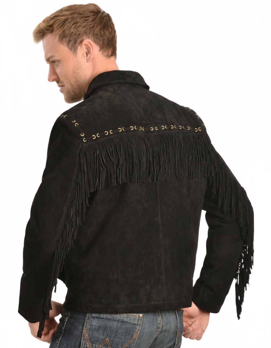 Men’s Western Suede Fringe Jacket with Beadwork Vintage Cowboy Style