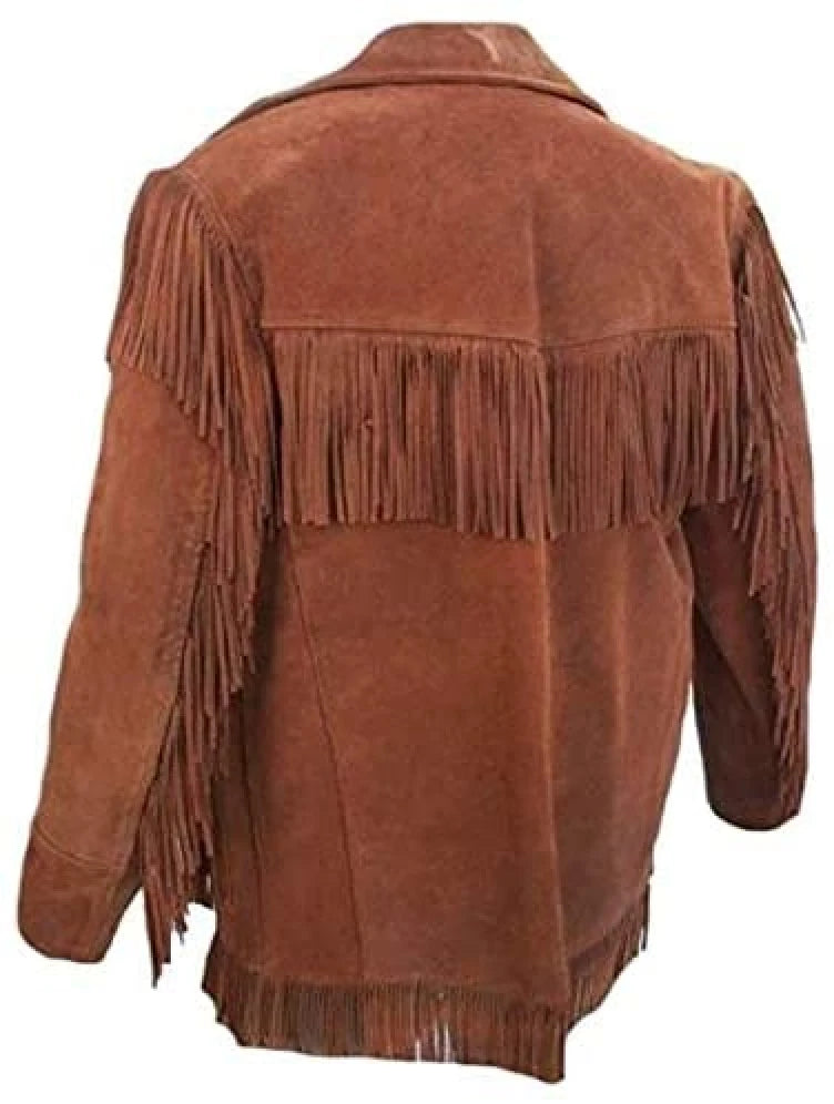 Men’s Western Suede Leather Fringe Cowboy Jacket with Native American Beaded Detailing