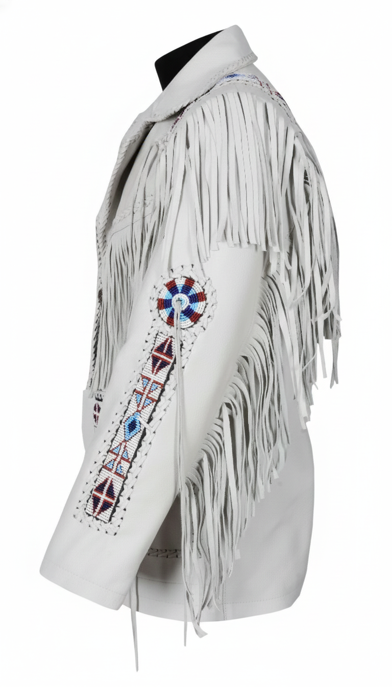 Men’s Western Cowboy Fringe Jacket – Beaded Native American Style Genuine Leather Jacket