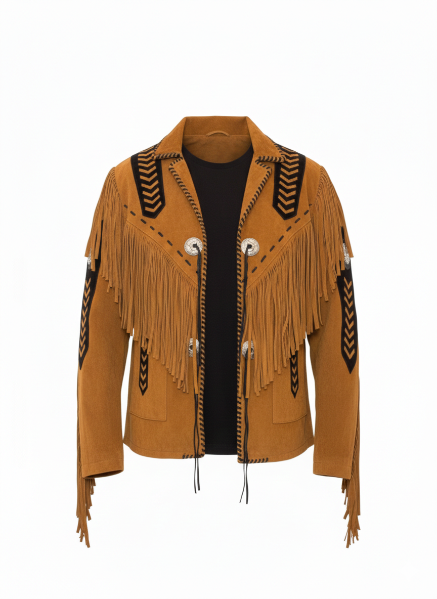 Men’s Western Suede Fringe Leather Jacket – Cowboy Native American Style