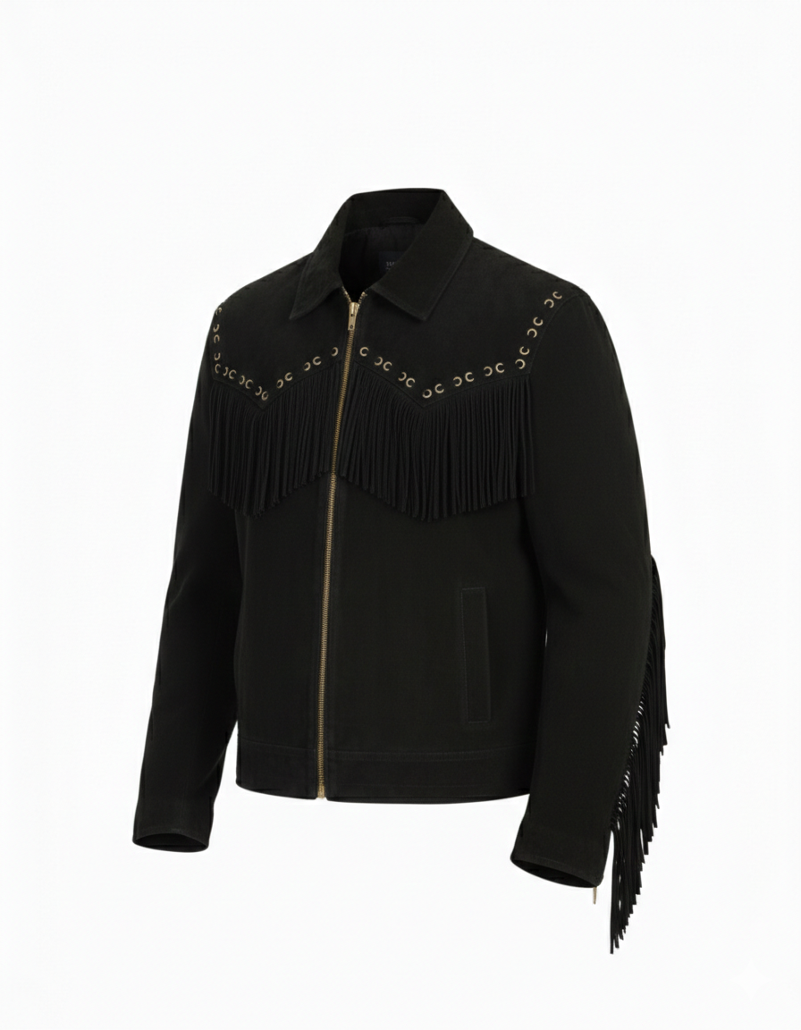 Men’s Western Suede Fringe Jacket with Beadwork Vintage Cowboy Style