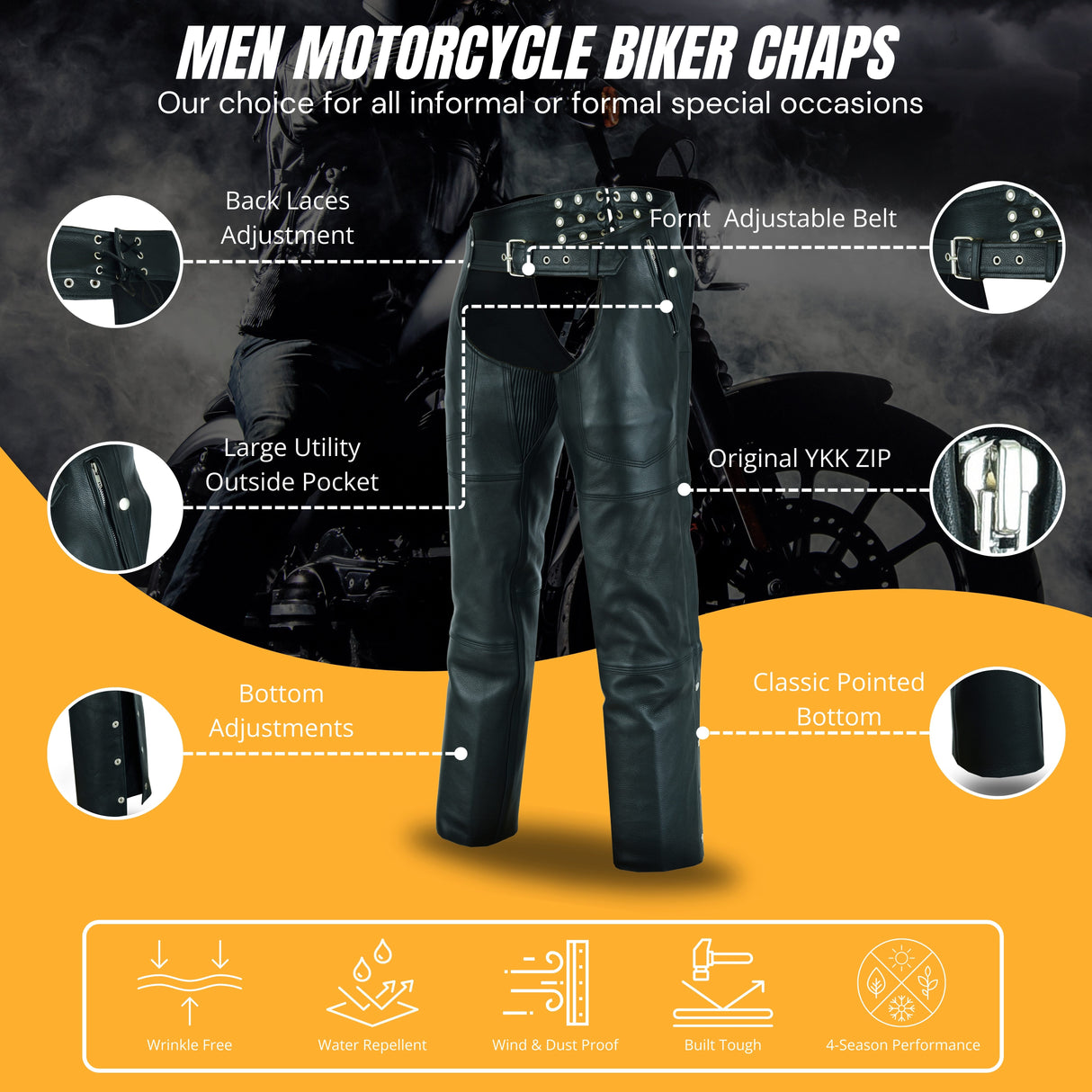 NKD Heavy Buffalo Leather Lined Motorcycle Riding Biker Chap-Black