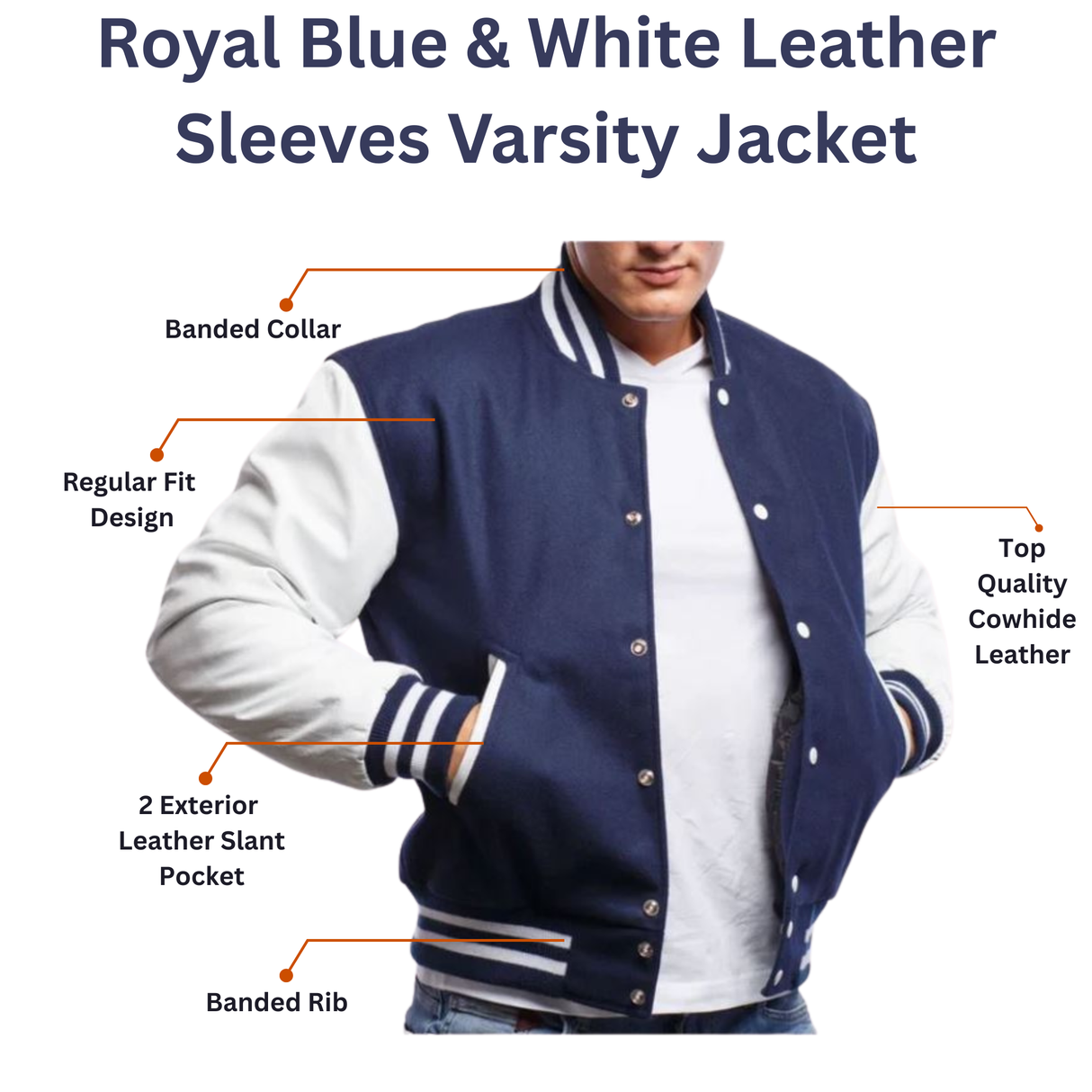 Royal Blue & White Leather Sleeves Varsity Jacket