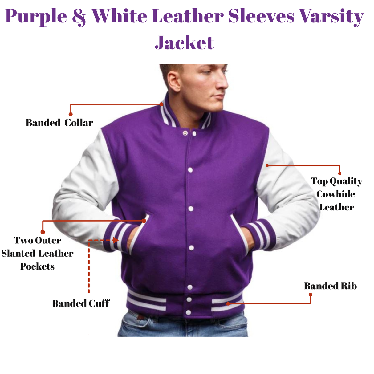 Purple & White Leather Sleeves Varsity Jacket