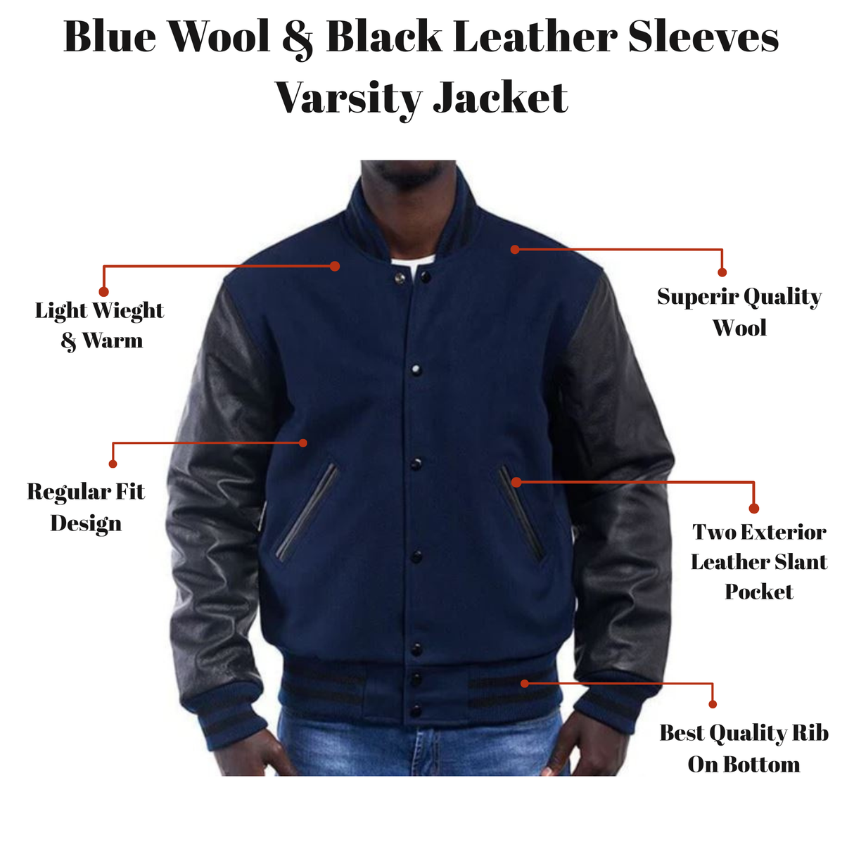 Blue Wool & Black Leather Sleeves Varsity Jacket