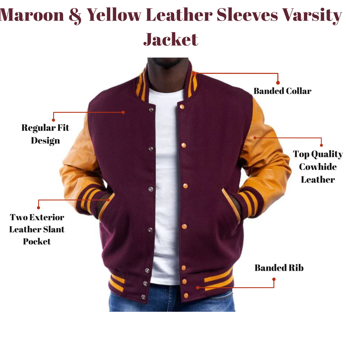 Maroon & Yellow Leather Sleeves Varsity Jacket
