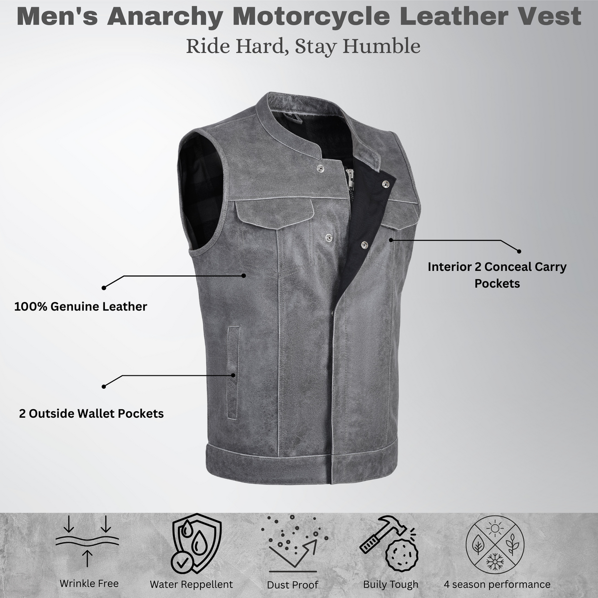 Men's  Anarchy Motorcycle Biker Club Concealed Carry Outlaws Leather Vest