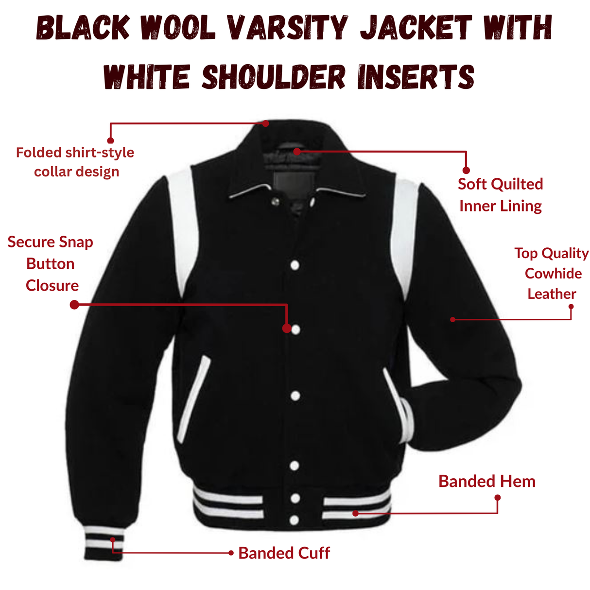 Black Wool Varsity Jacket With White Shoulder Inserts