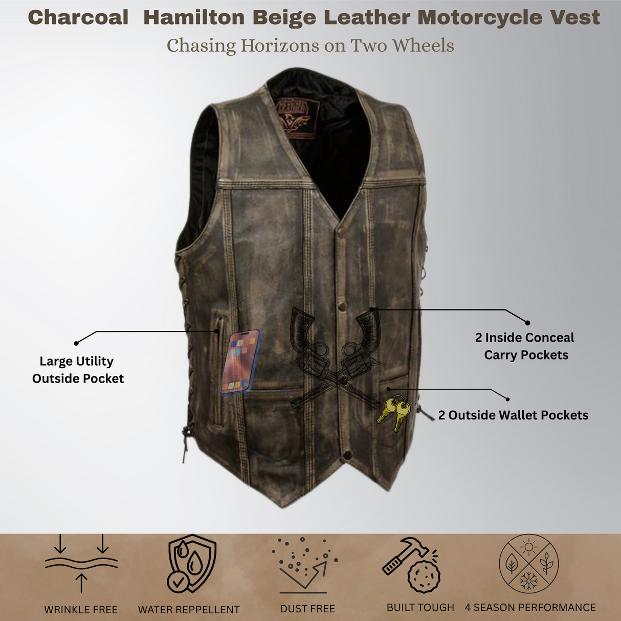 Men's Roulette Distressed Brown 7 Pocket Motorcycle Leather Vest