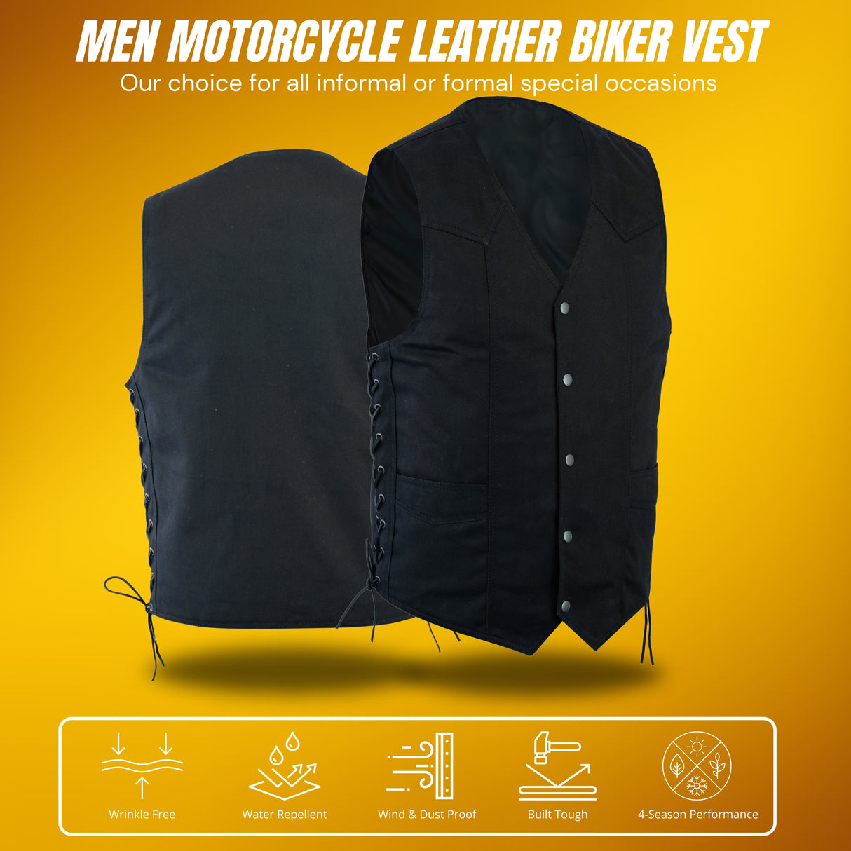 BLACK DENIM Men's Classic Denim Vest Black Motorcycle Easy Biker Patch Sewing, Side Lacing Western Cut