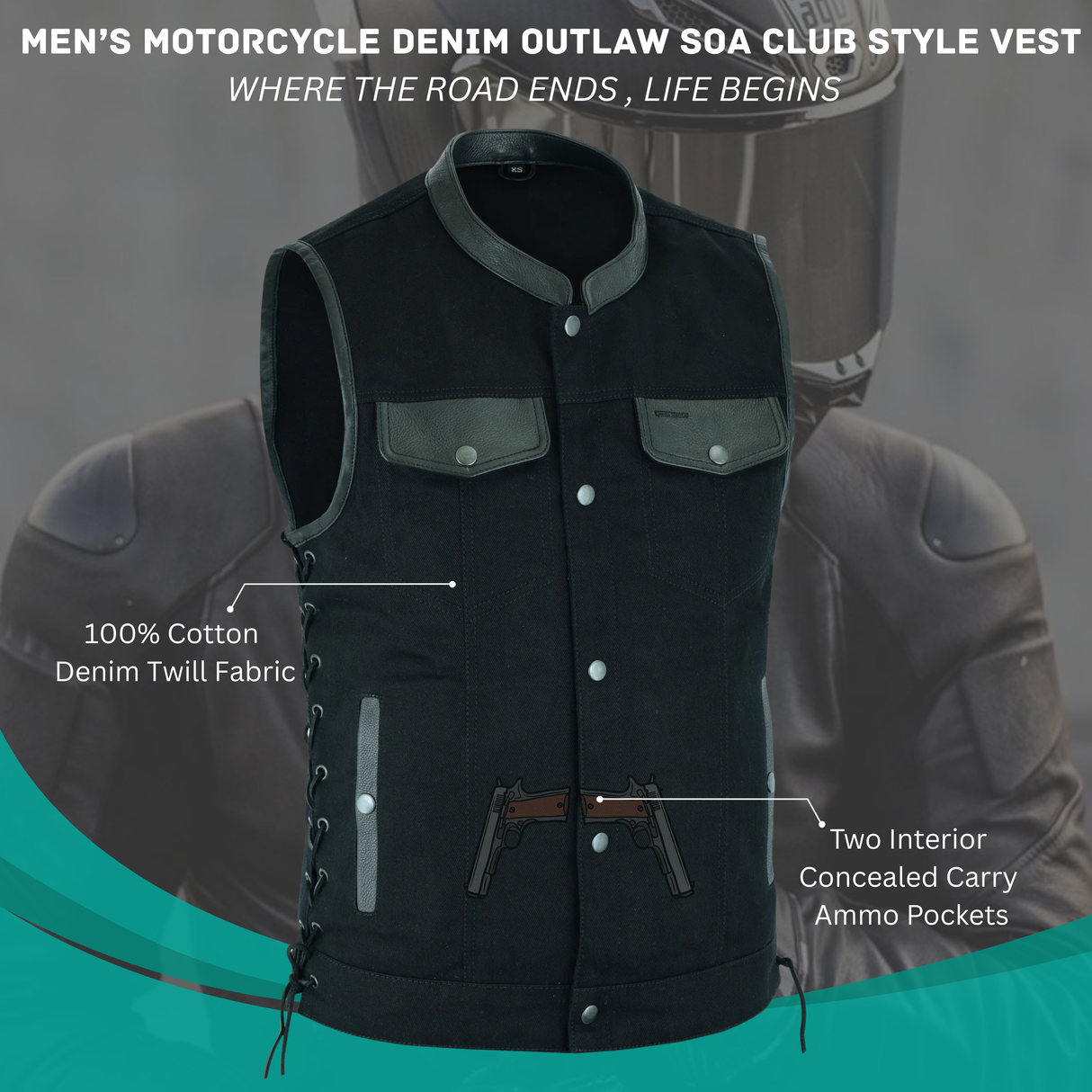 Men's Motorcycle Denim OUTLAW SOA Club Style Vest with Side Laces (WC58612BLACK)