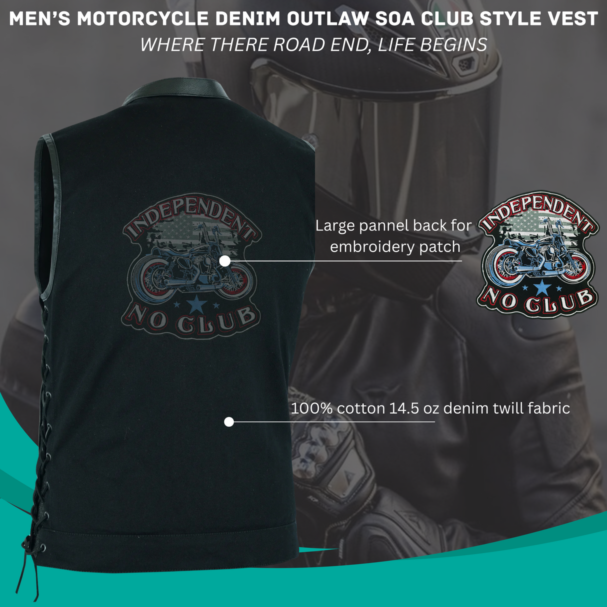 Men's Motorcycle Denim OUTLAW SOA Club Style Vest with Side Laces (WC58612BLACK)