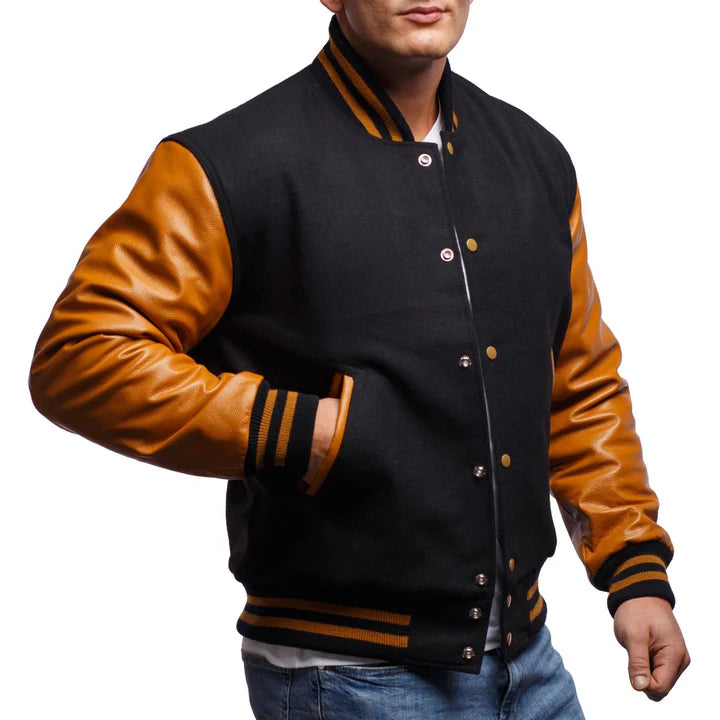 Black & Gold Leather Sleeves Varsity Jacket