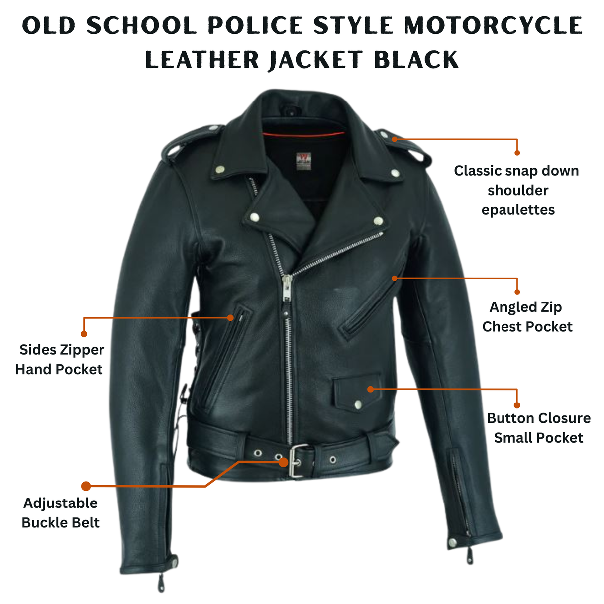 Old School Motorcycle Leather Jacket – Classic Black Police Style Biker Jacket