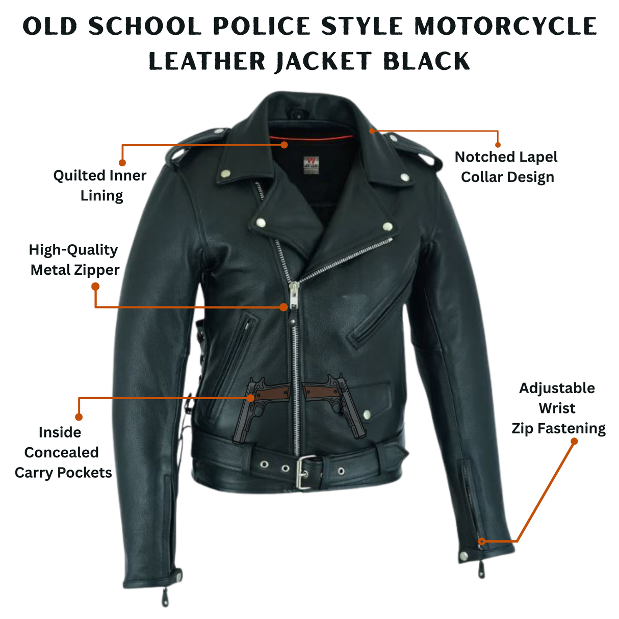 Old School Motorcycle Leather Jacket – Classic Black Police Style Biker Jacket