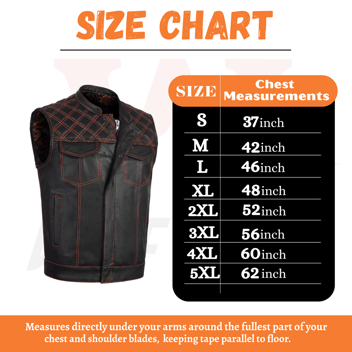 Men’s Orange Cross Stitch Club Style Cowhide Leather Vest