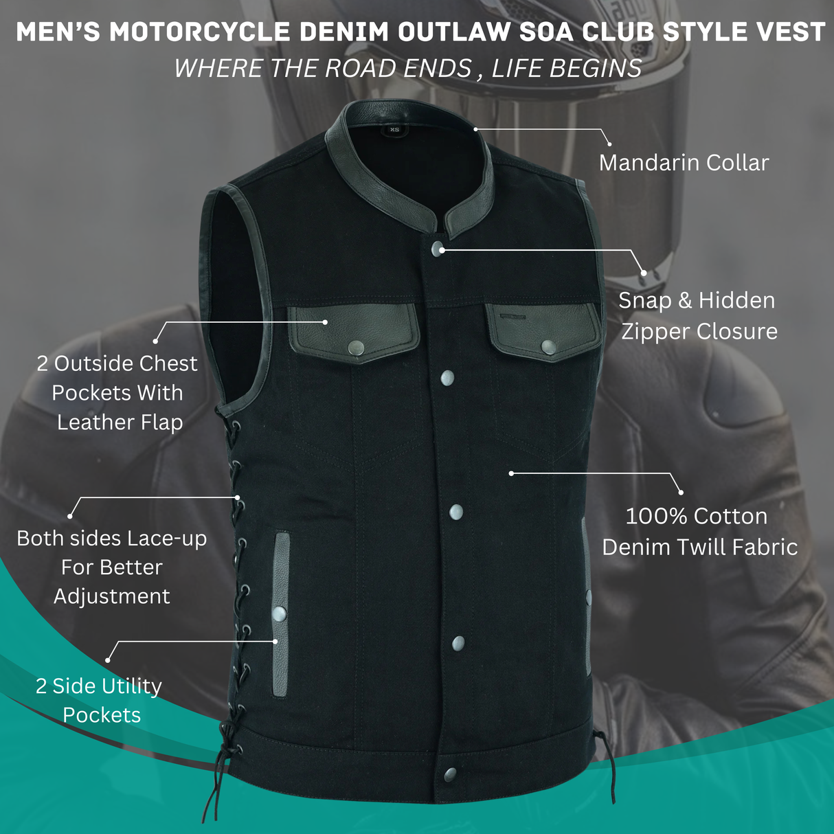 Men's Motorcycle Denim OUTLAW SOA Club Style Vest with Side Laces (WC58612BLACK)