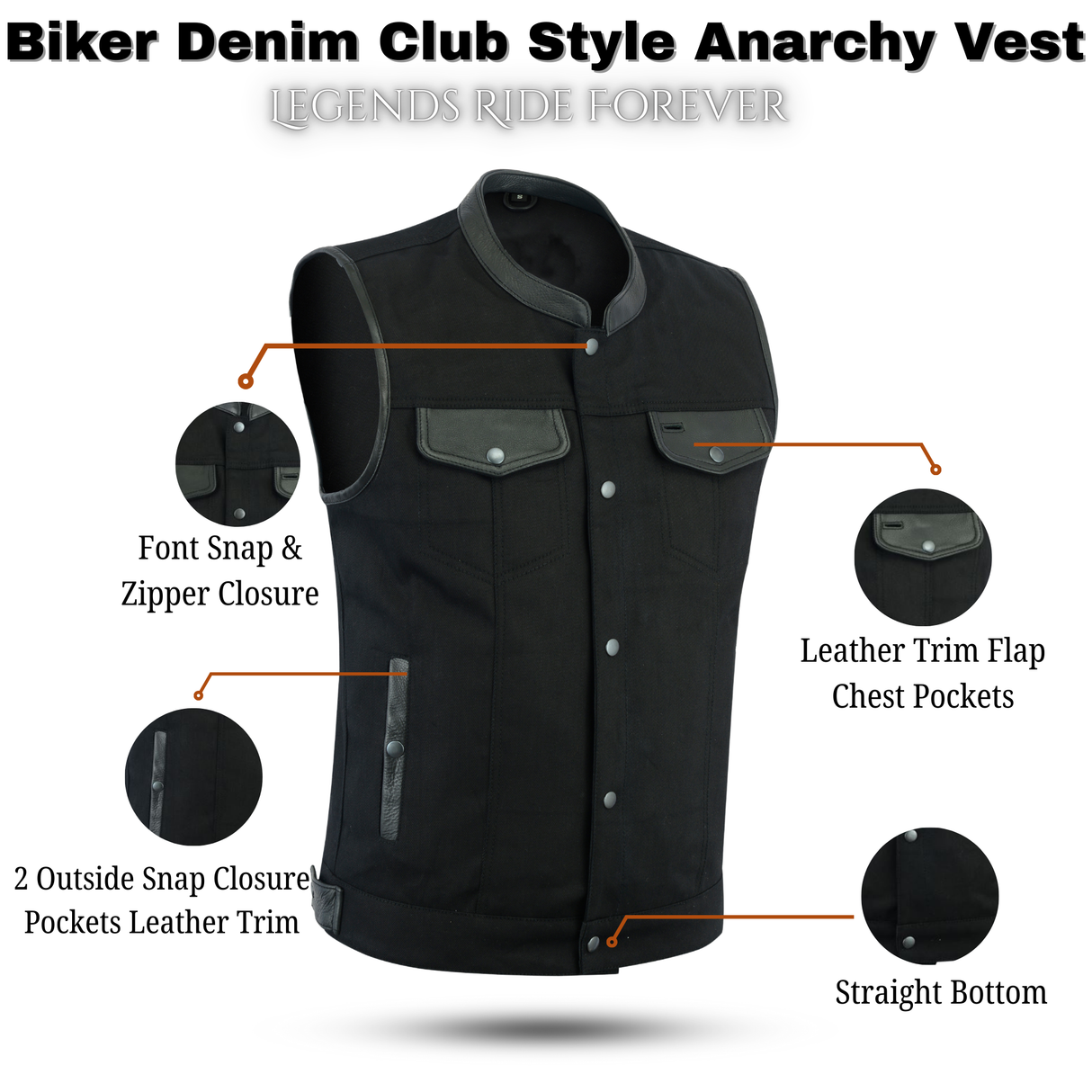 Biker Denim Club Style Anarchy BLACK Vest with Conceal Carry Pockets both sides