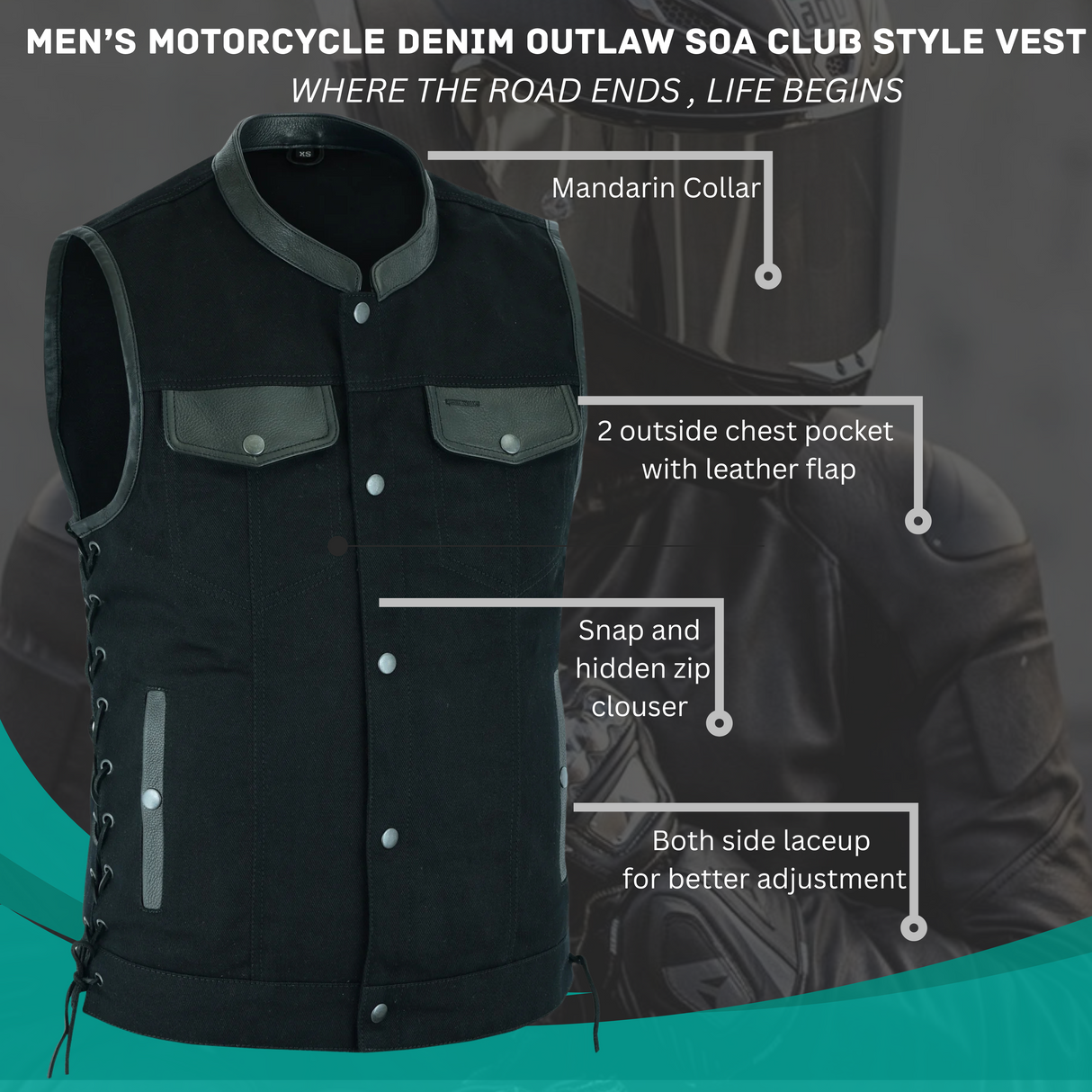 Men's Motorcycle Denim OUTLAW SOA Club Style Vest with Side Laces (WC58612BLACK)