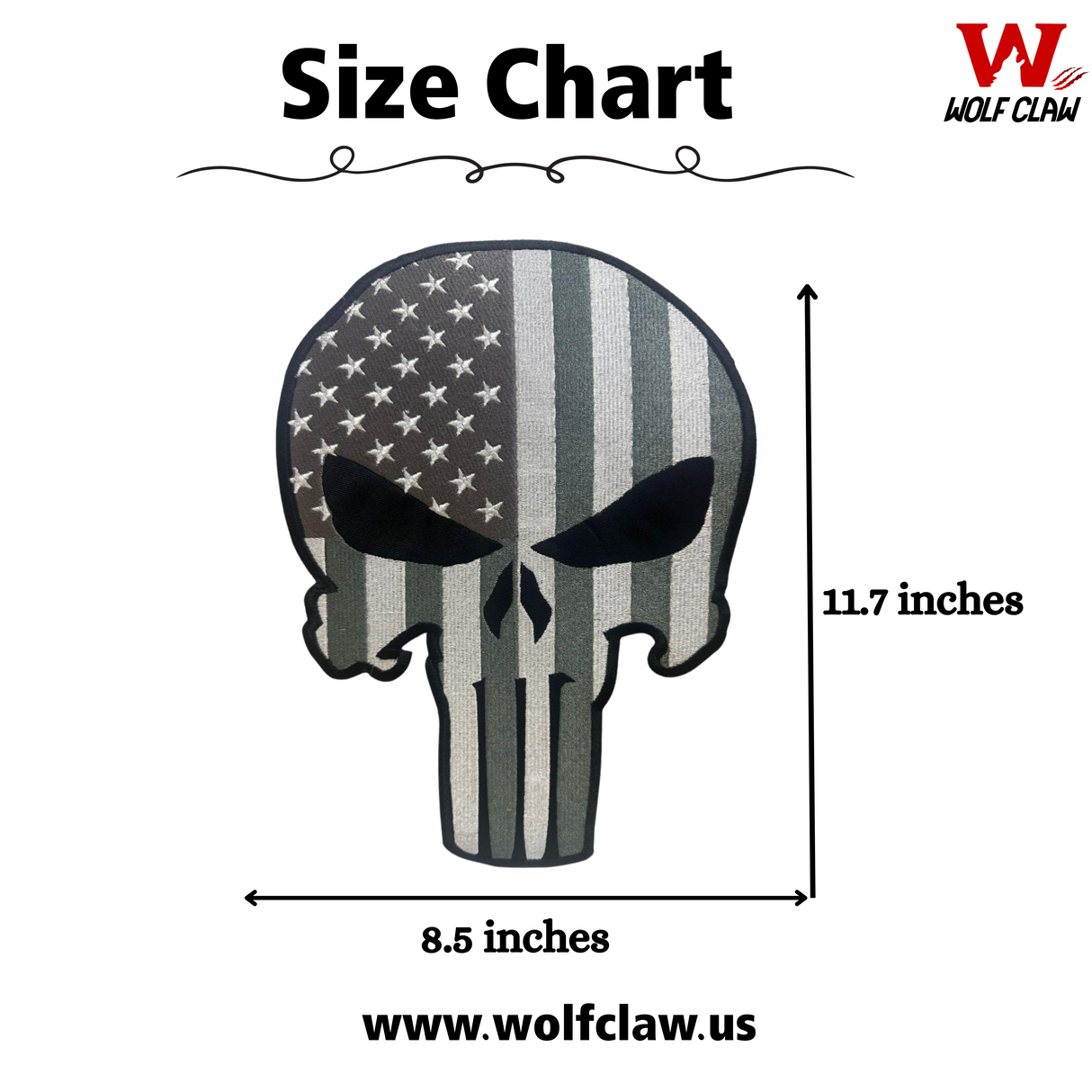 WCEP12 Skull with White & Grey Straps, Stars & Black Embroidery Iron-On Patch | Motorcycle Biker Vest - Patches - Size Chart
