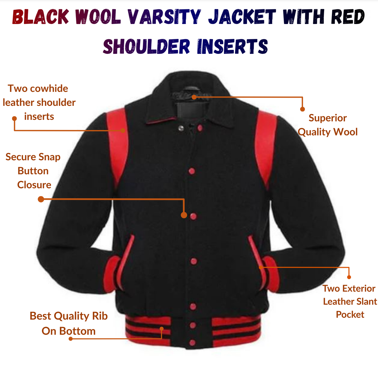 Black Wool Varsity Jacket With Red Shoulder Inserts