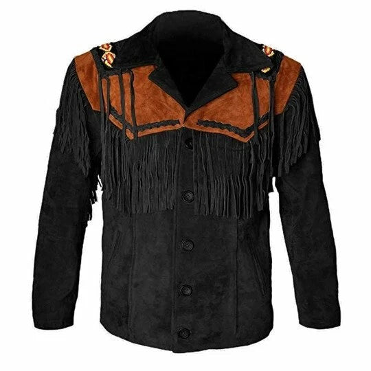 Men’s Western Suede Leather Cowboy Jacket with Native American Fringe – Classic Western Wear