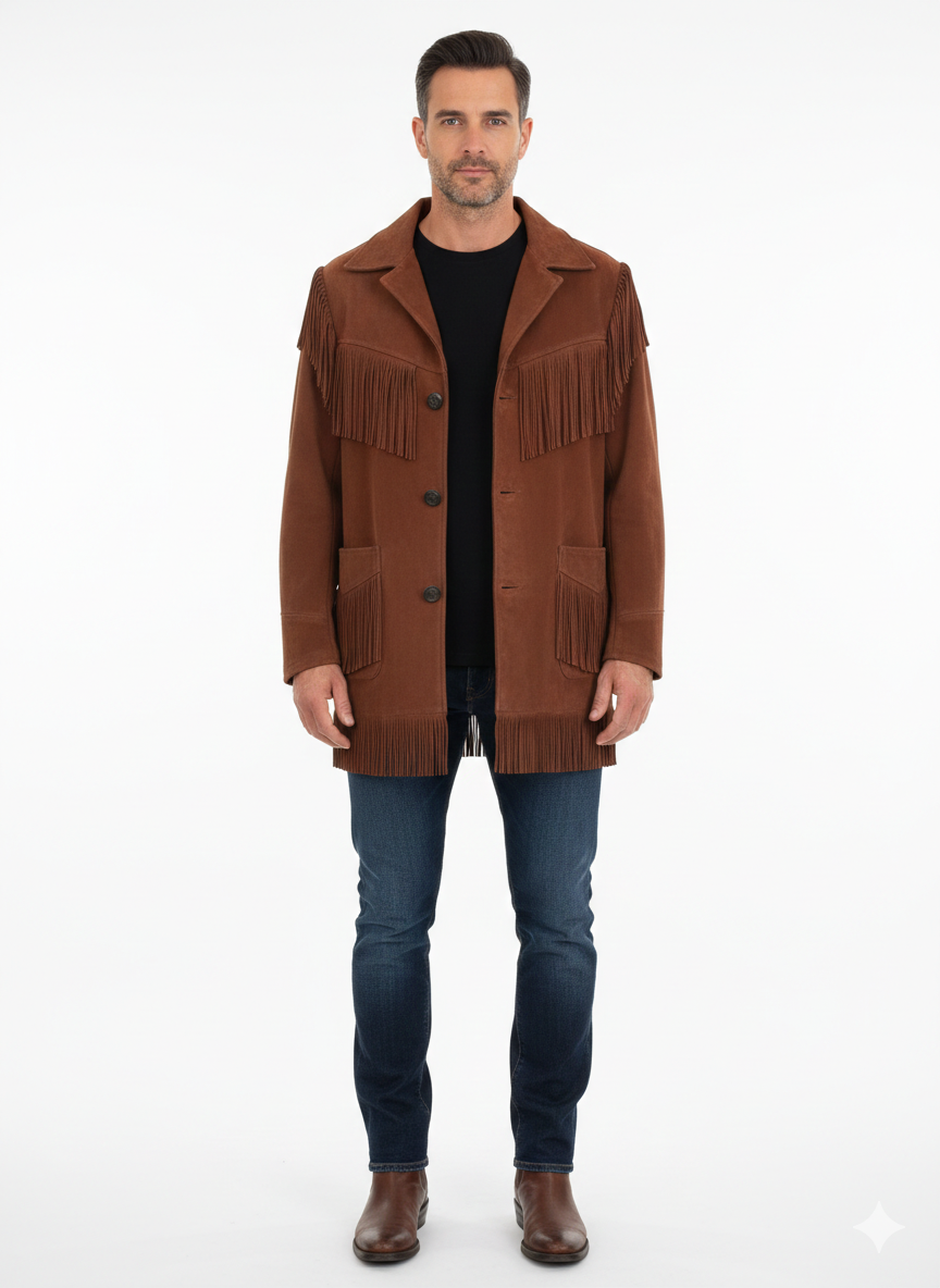 Men’s Western Suede Leather Fringe Cowboy Jacket with Native American Beaded Detailing