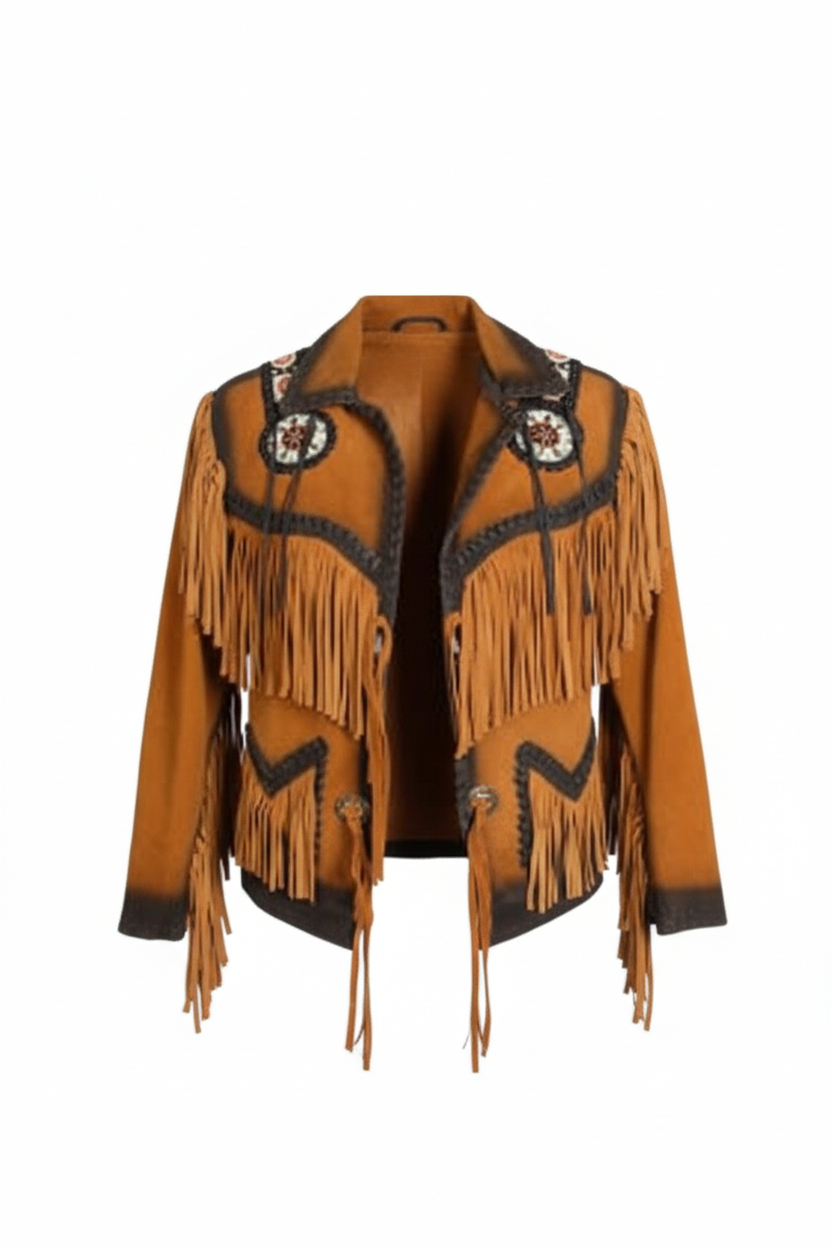 Women’s Brown Suede Western Fringe Jacket with Beaded Accents – Cowboy Style
