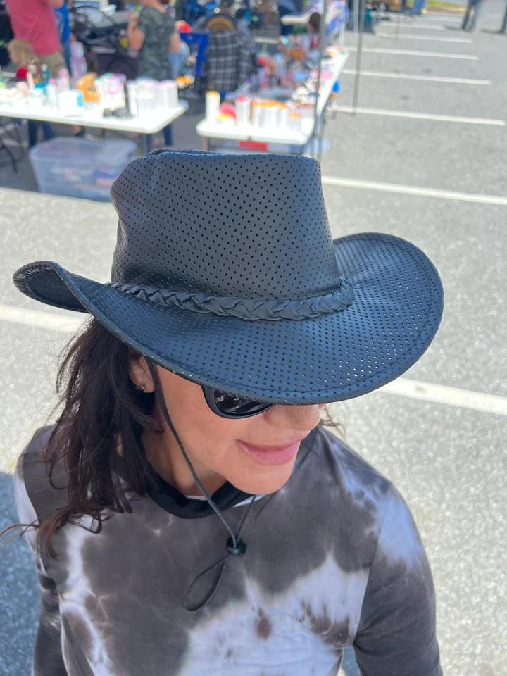 Crushable Black Perforated Leather Cowboy Hat – Breathable Western Style