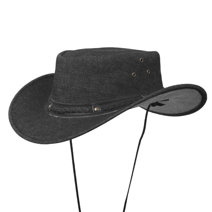 Black Denim Cowboy Rancher Hat with Braided Leather Band