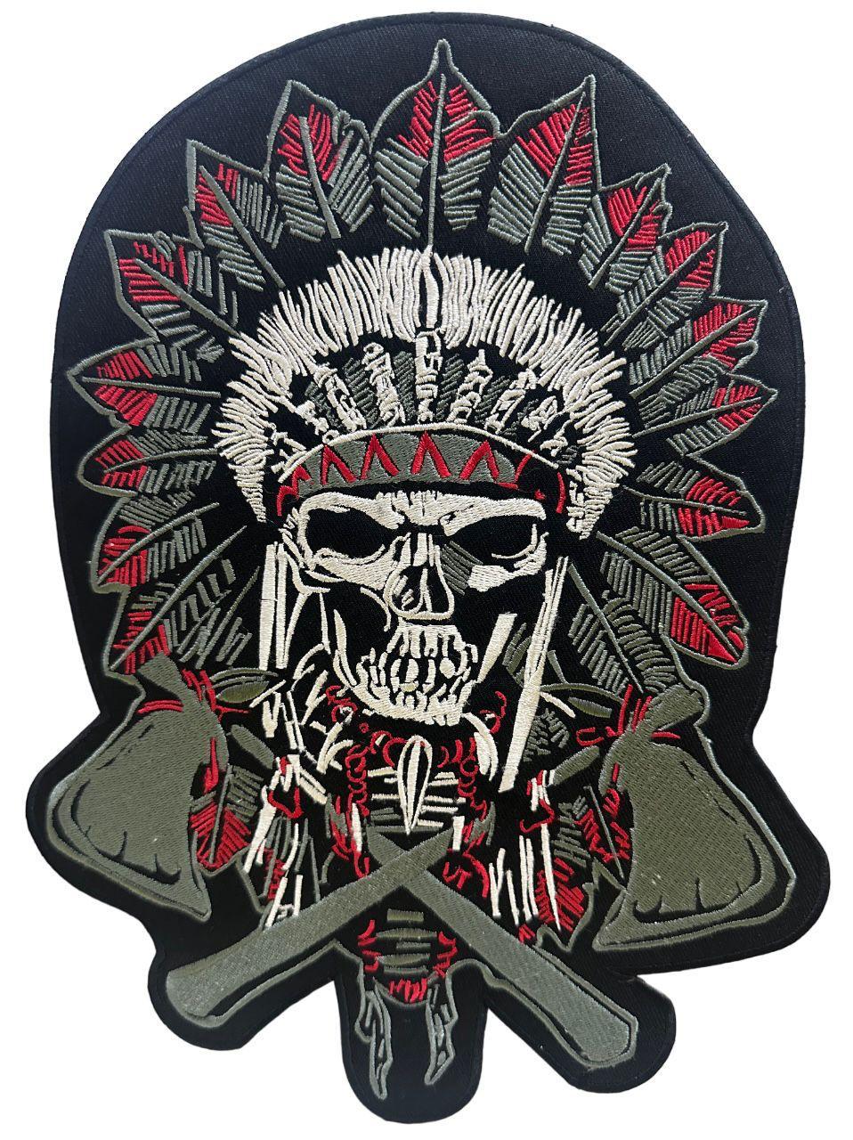 WCEP16 RED INDIAN SKULL WITH SAW IN BOTH HANDS  MOTORCYCLE PATCH EMBROIDERY IRON ON PATCH