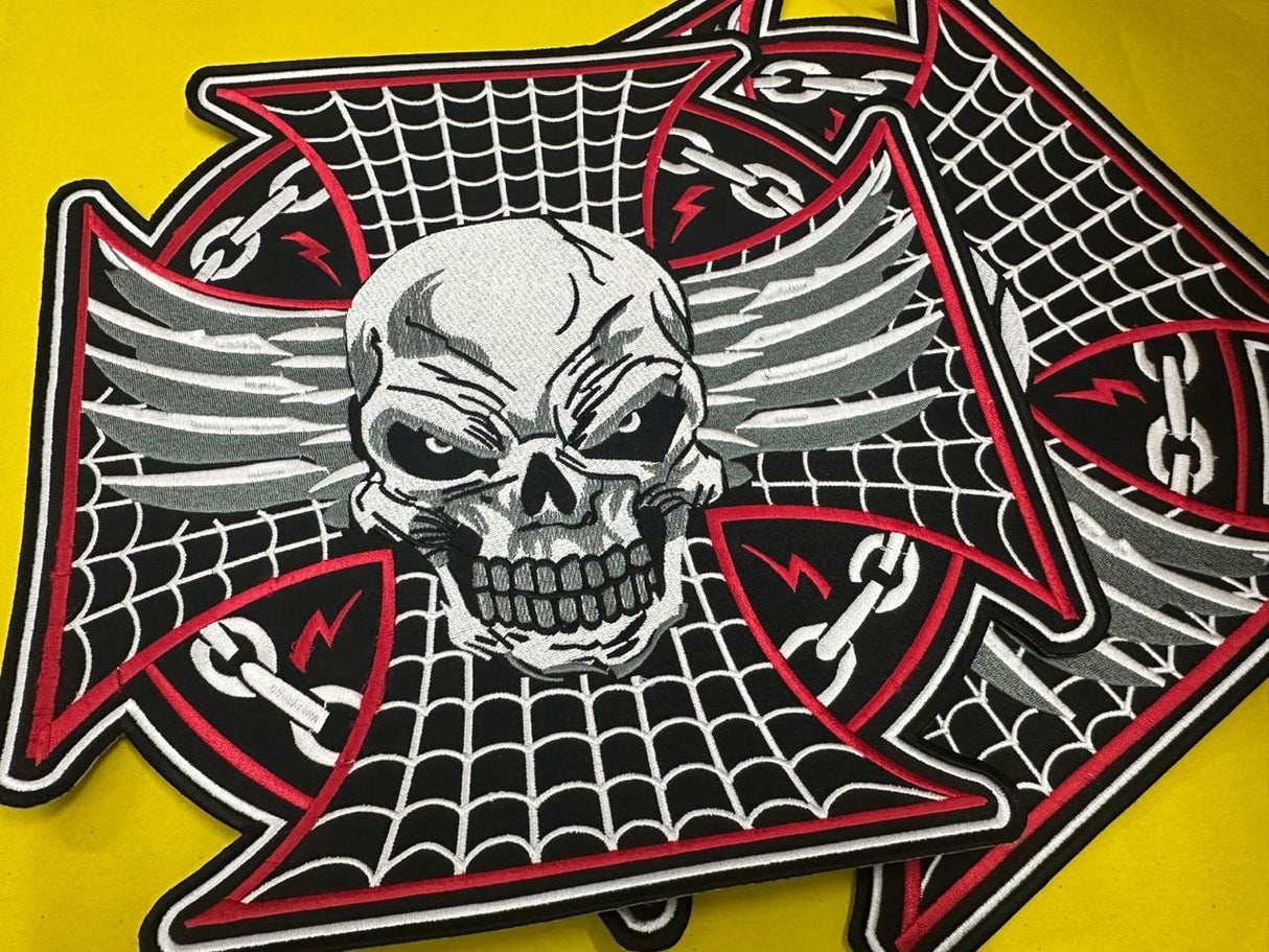 WCEP18 SKULL WITH CROSS IRON X CHAIN AND ANGR  MOTORCYCLE PATCH EMBROIDERY IRON ON PATCH
