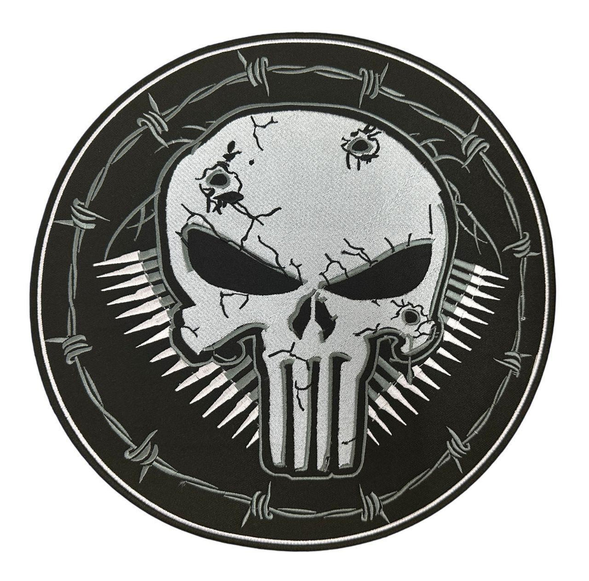 WCEP23 LARGE SKULL WITH BLACK EYES BULLET & SECURITY WIRE DESIGN MOTORCYCLE PATCH EMBROIDERY IRON ON PATCH