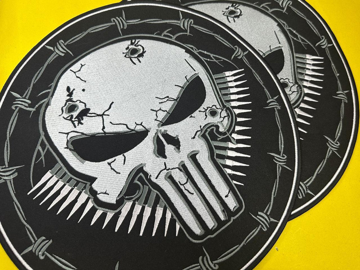 WCEP23 LARGE SKULL WITH BLACK EYES BULLET & SECURITY WIRE DESIGN MOTORCYCLE PATCH EMBROIDERY IRON ON PATCH