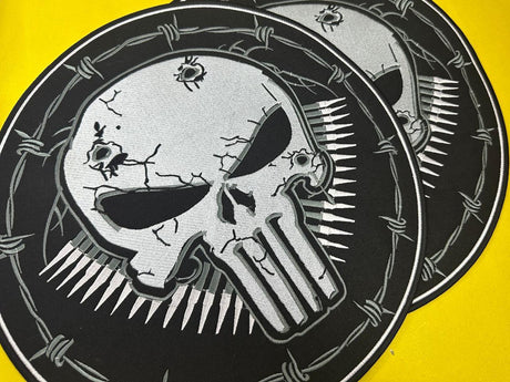 WCEP23 LARGE SKULL WITH BLACK EYES BULLET & SECURITY WIRE DESIGN MOTORCYCLE PATCH EMBROIDERY IRON ON PATCH
