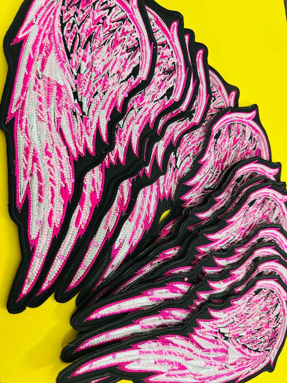 WCEP39 ANGEL WINGS PINK WITH RHINESTONES DESIGN MOTORCYCLE PATCH EMBROIDERY IRON ON PATCH