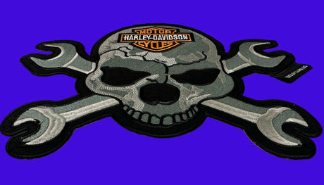 WCEP46 LARGE SKULL WITH HARLEY DAVIDSON SCREW RENCH DESIGN DESIGN MOTORCYCLE PATCH EMBROIDERY IRON ON PATCH
