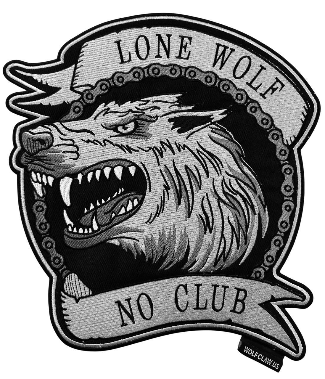 WCEP64 LONE WOLF-NO CLUB WITH MOTORCYCLE CHAIN DESIGN ( L. GREY+BLACK ) DESIGN DESIGN MOTORCYCLE PATCH EMBROIDERY IRON ON PATCH