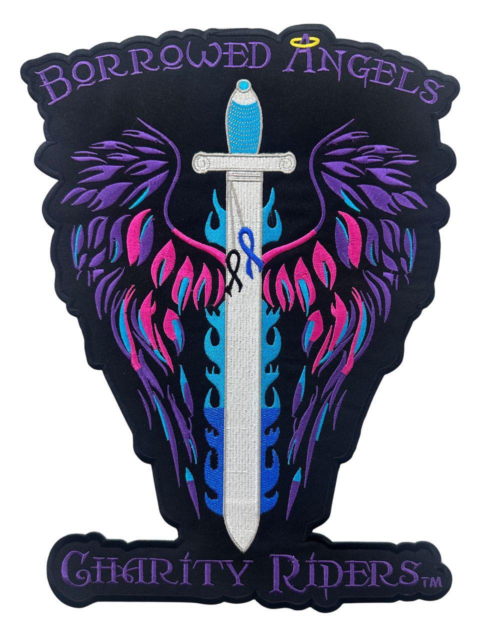 WCEP157Angel BORROWED ANGEL - CHARITY RIDERS LARGE EMBROIDERY PATCH - SWORD AND ANGEL WINGS PATCH IRON ON - SEW ON  FOR MOTORCYCE RIDERS, BACK PATCH