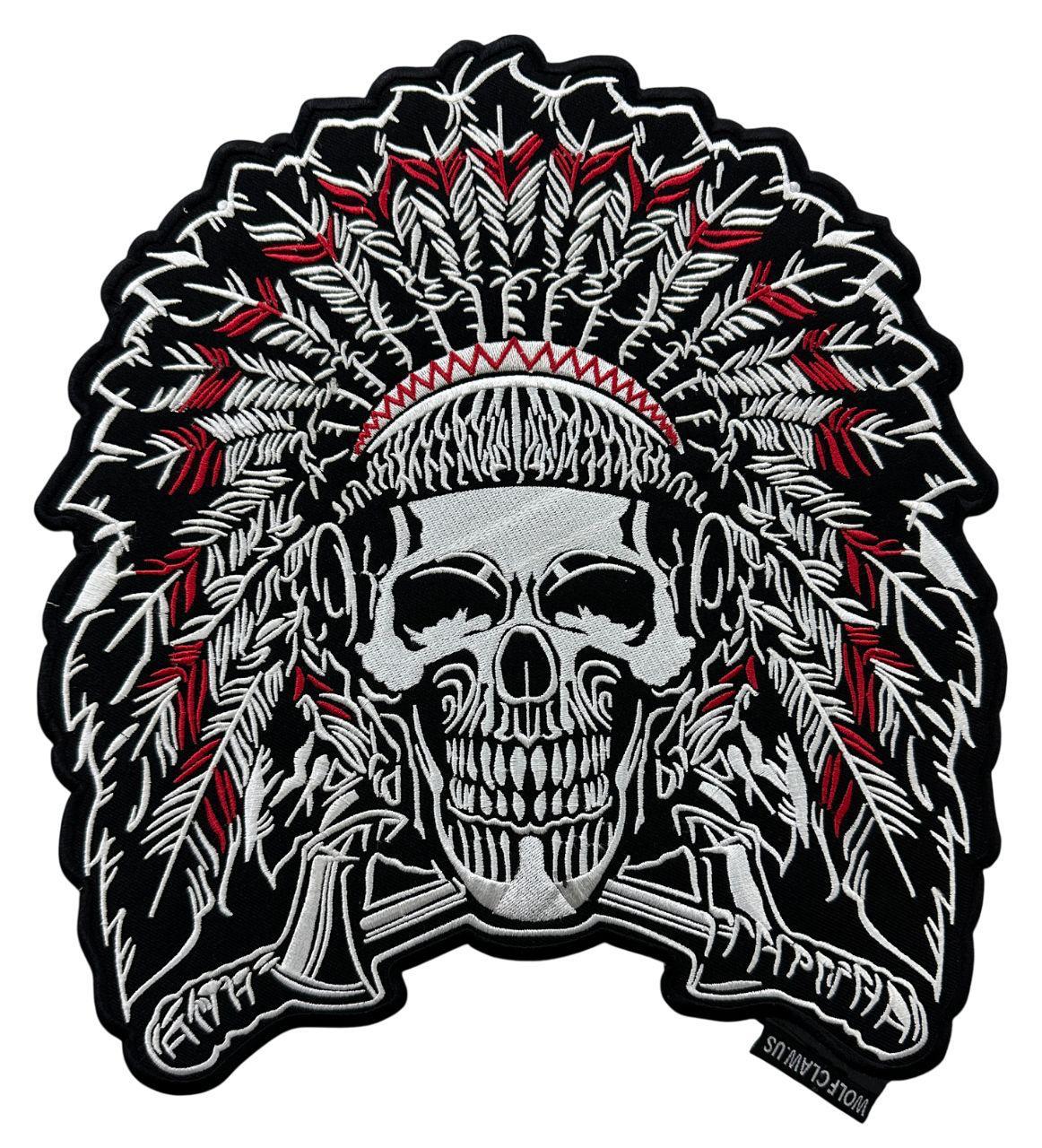 LARGE SIZE FEATHERHEAD INDIAN CHIEF SKULL DEAD BIKER EMBROIDERY PATCH FOR MOTORCYCLE JACKET, PATCH FOR BIKER VEST IRON ON, SEW ON PATCH