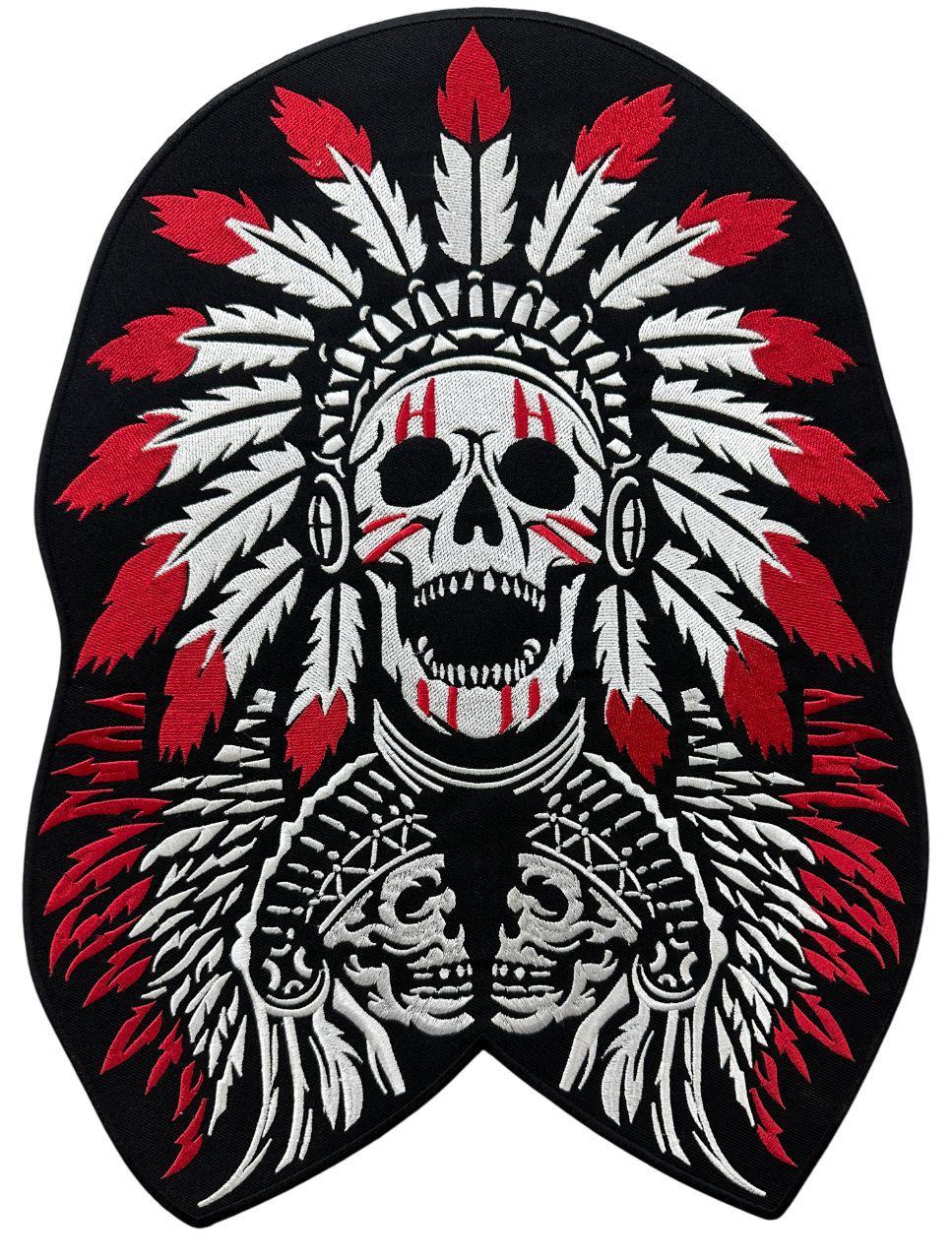 WCEP165 NATIVE AMERICAN INDIAN CHIEF FEATHER SKULL EMBROIDERY PATCH SEW ON AND IRON ON, LARGE BACK PATCH RED INDIAN