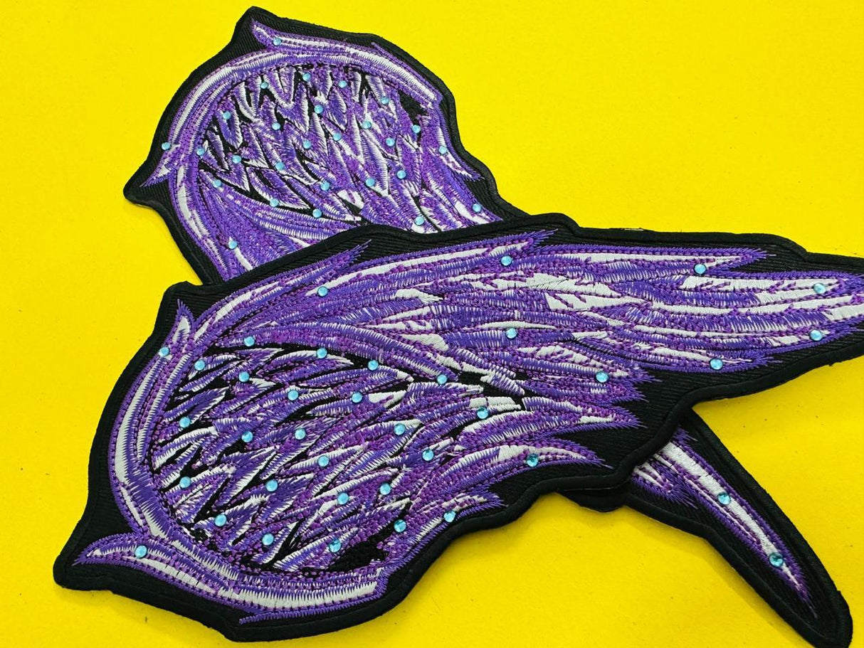 WCEP38 ANGEL WINGS PURPLE WITH RHINESTONES DESIGN MOTORCYCLE PATCH EMBROIDERY IRON ON PATCH