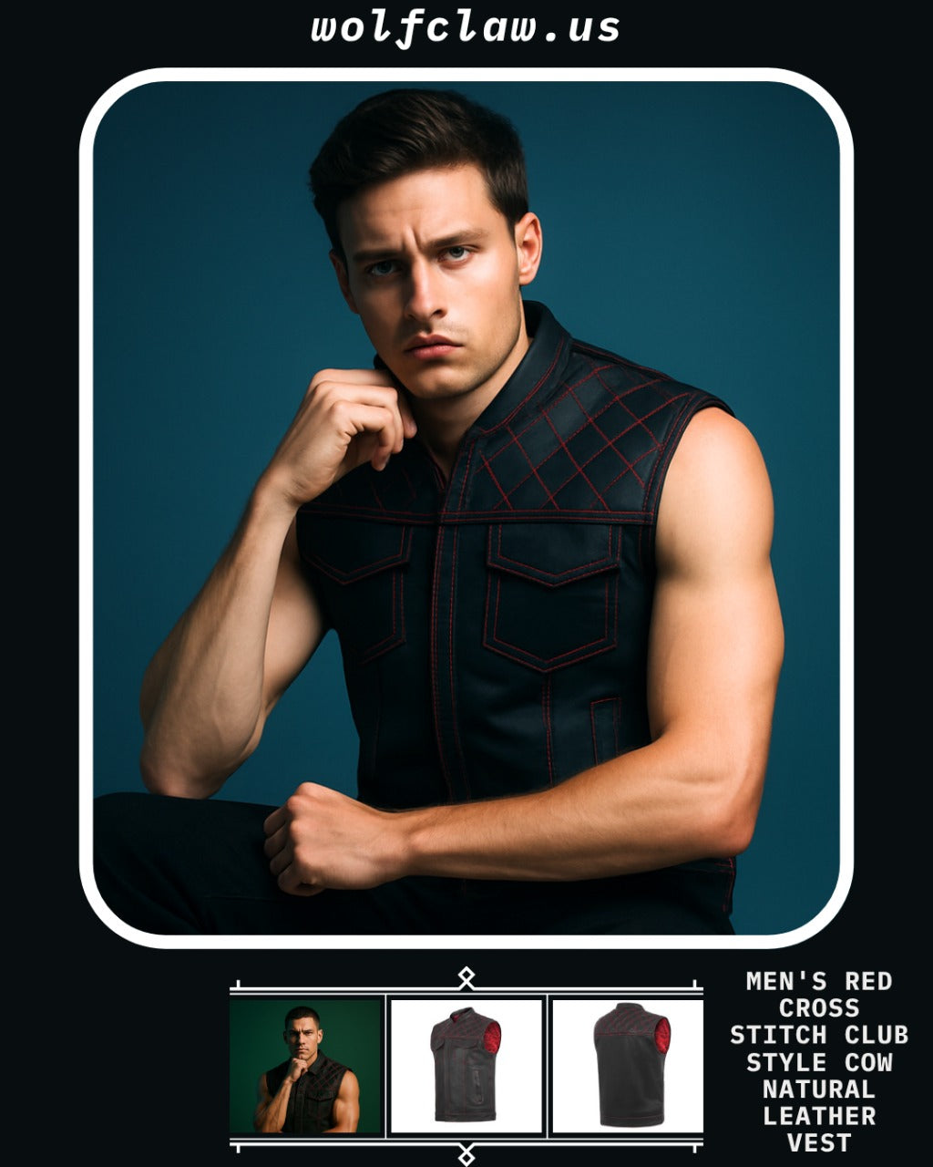 Men's Red Cross Stitch Club Style Cow Platted Milled Leather Vest.