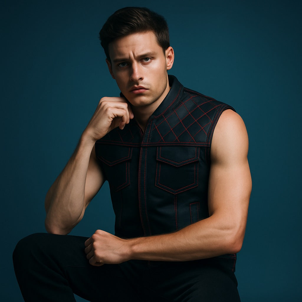 Men's Red Cross Stitch Club Style Cow Platted Milled Leather Vest.