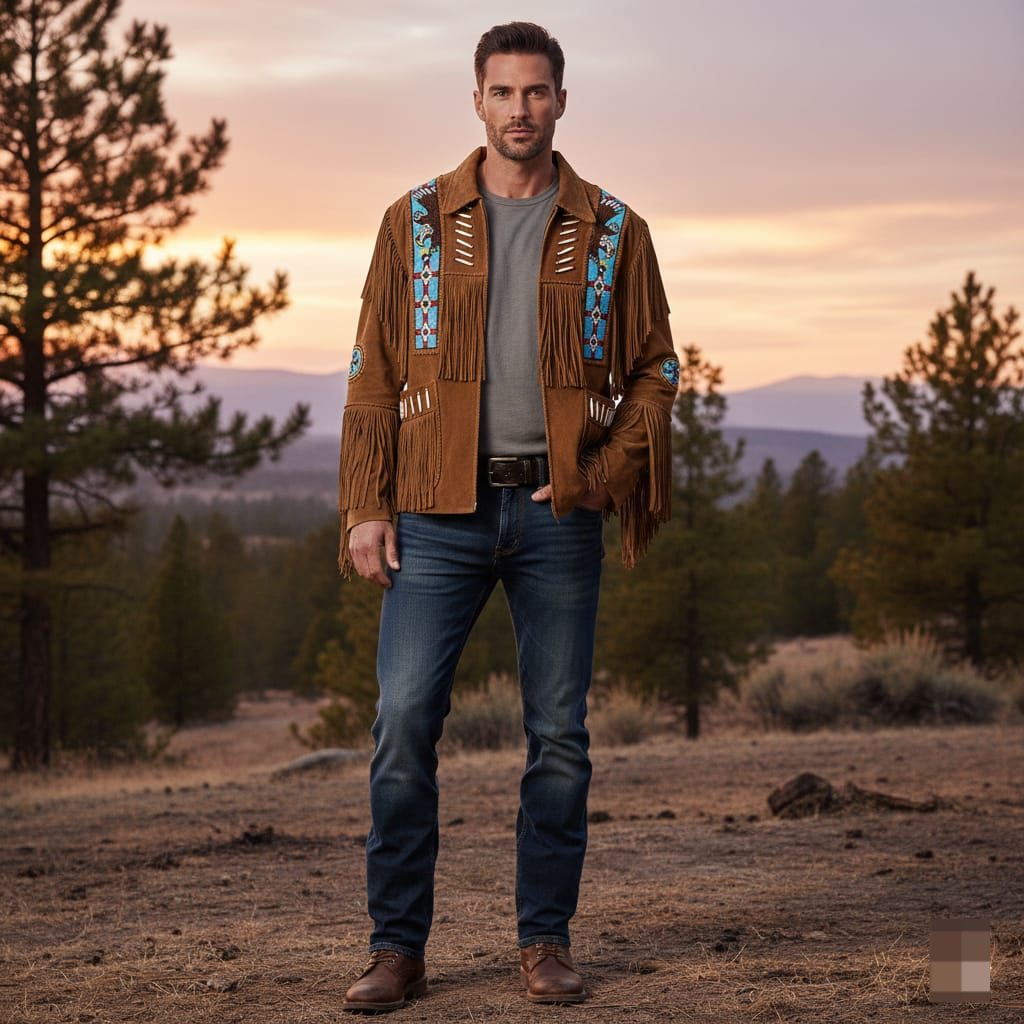 Vintage Brown Western Cowboy Suede Fringe Jacket for Men with Traditional Native American Beadwork