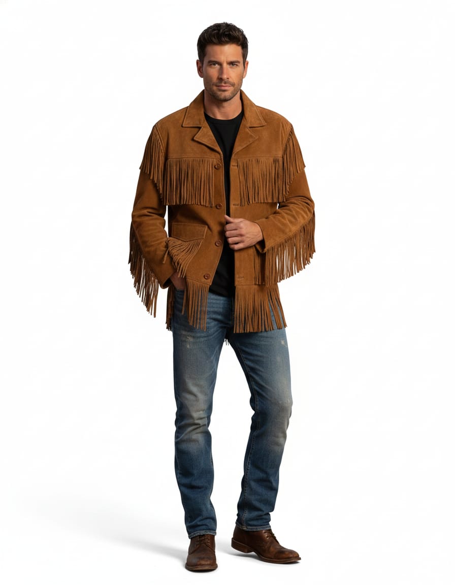 Premium Men’s Western Cowboy Jacket – Suede Fringe with Native American Beadwork