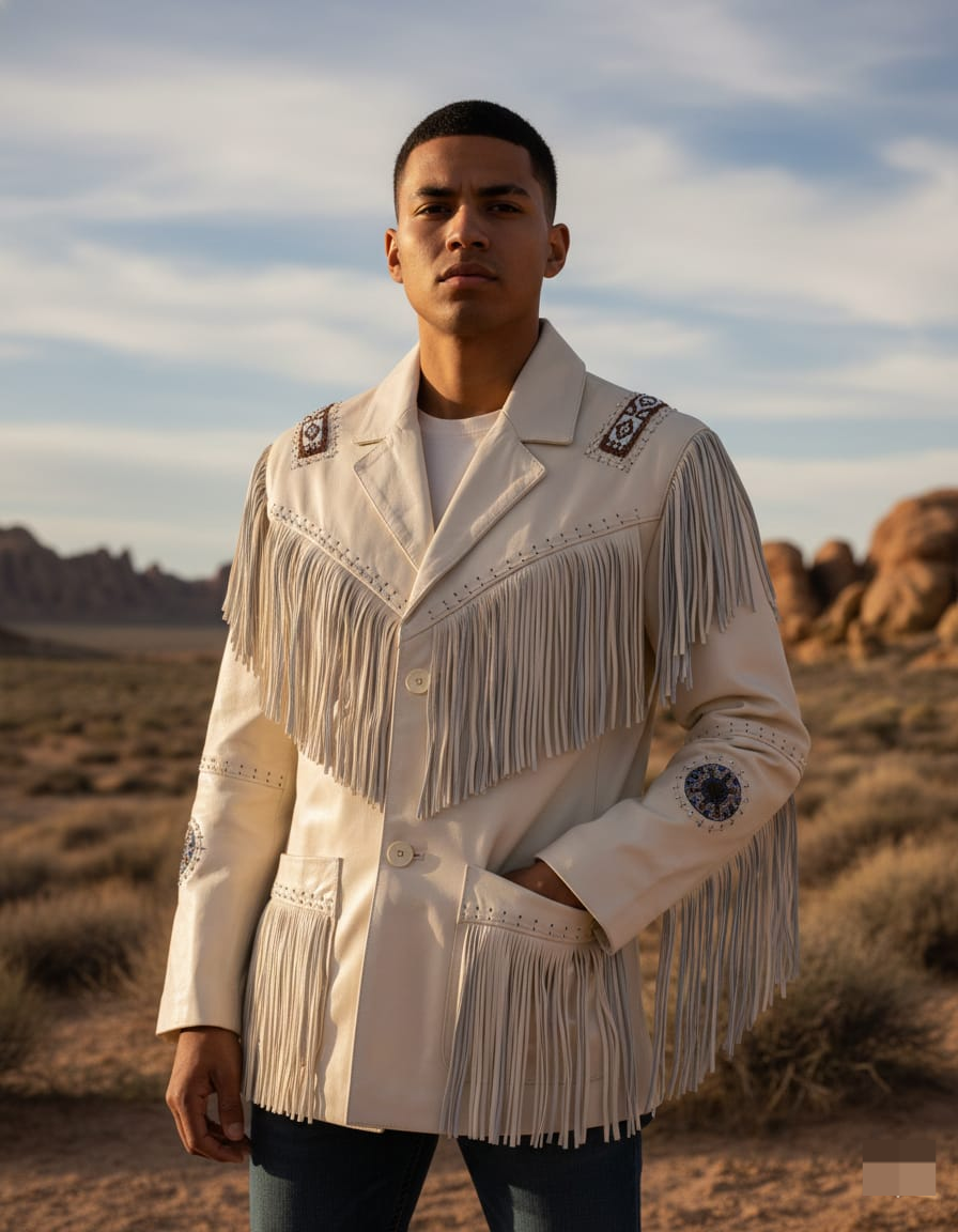 Men’s Western Cowboy Real Leather Fringe Jacket with Beaded Native American Design
