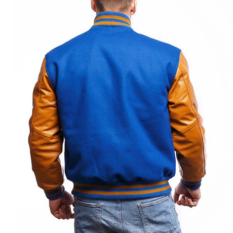 Blue & Gold Leather Sleeves Varsity Jacket